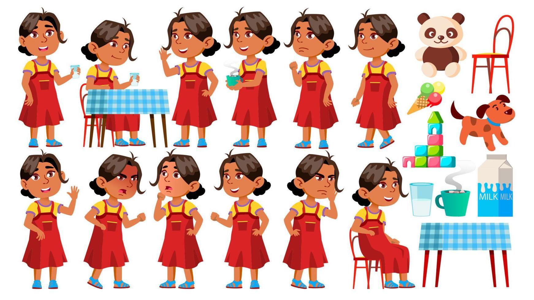 árabe, niña musulmana jardín de infantes poses set vector. personaje jugando. infantil. ropa informal para presentación, impresión, diseño de invitación. ilustración de dibujos animados aislados vector