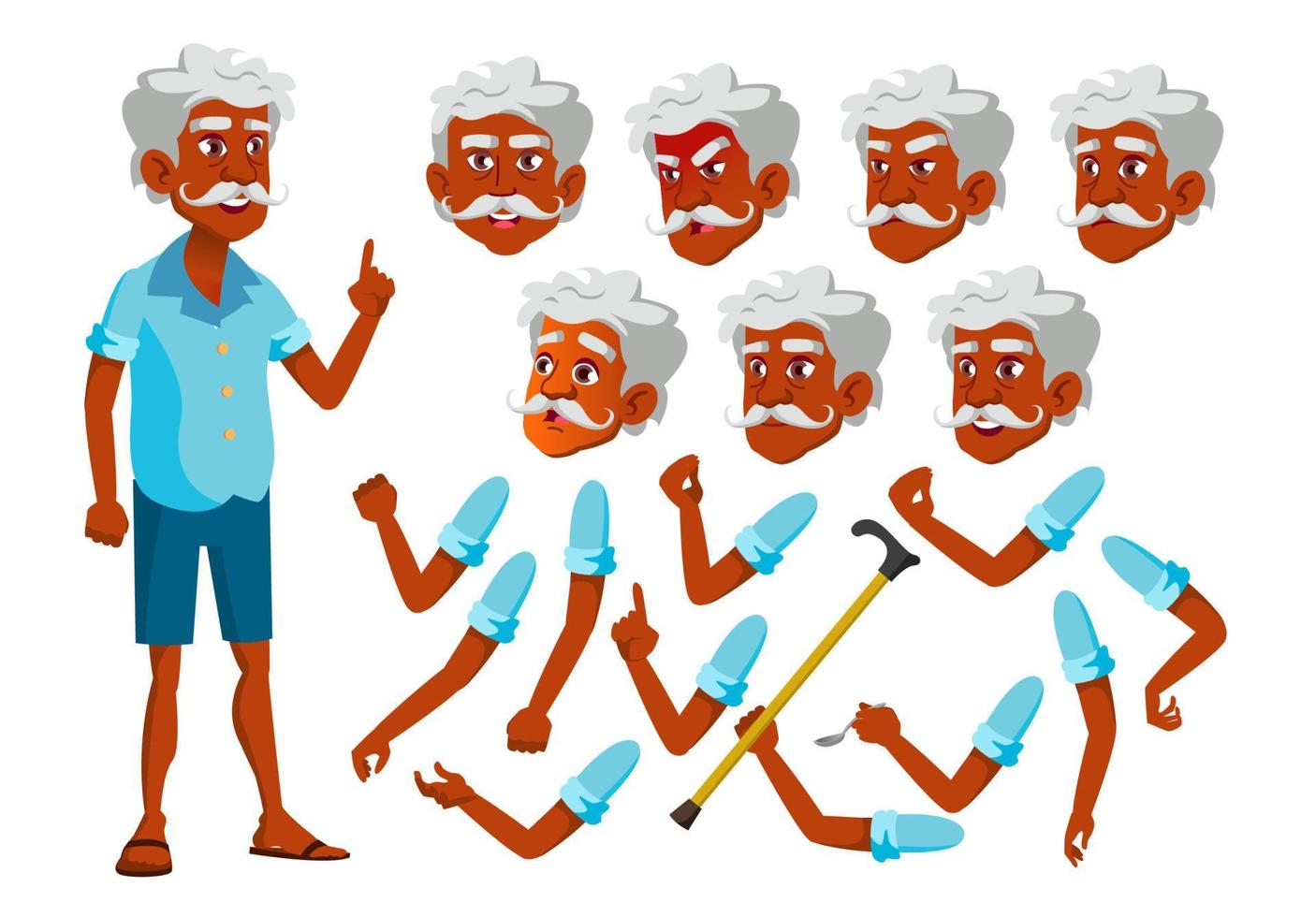 vector de anciano indio. persona mayor ancianos, ancianos. ocio, sonrisa. enfrentar emociones, varios gestos. conjunto de creación de animación. ilustración de personaje de dibujos animados plano aislado