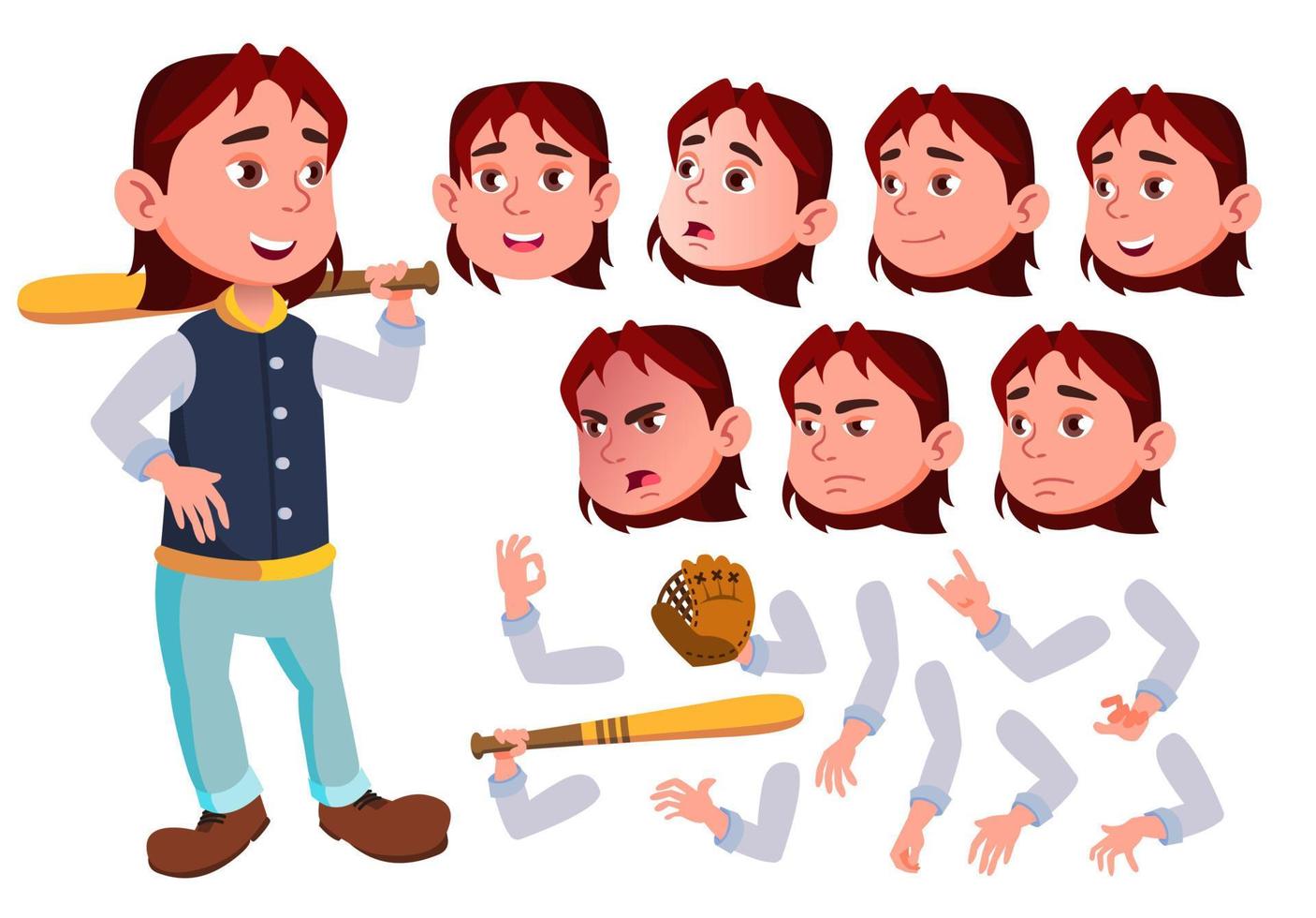 Teen Boy Vector. Teenager. Cute, Comic. Joy. Face Emotions, Various Gestures. Baseball Sport Player. Animation Creation Set. Isolated Flat Cartoon Character Illustration vector