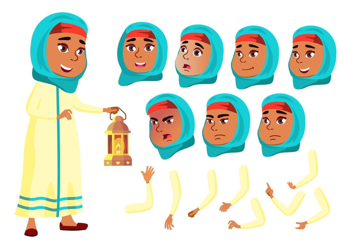 Arab, Muslim Teen Girl Vector. Teenager. Positive Person. Face Emotions, Various Gestures. Animation Creation Set. Isolated Flat Cartoon Character Illustration vector