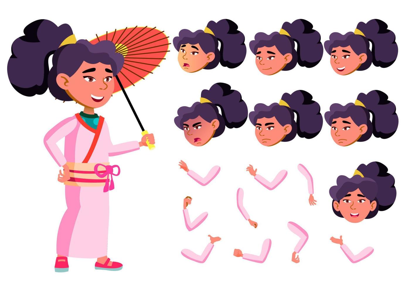 Asian Teen Girl Vector. Teenager. With Umbrella. Emotional, Pose. Face Emotions, Various Gestures. Animation Creation Set. Isolated Flat Cartoon Character Illustration vector