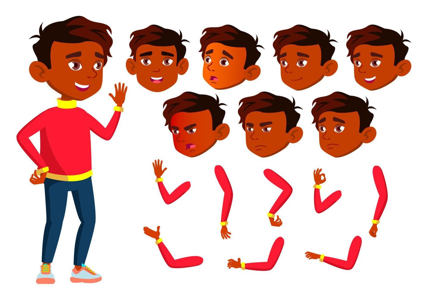 Indian Boy, Child, Kid, Teen Vector. Happy Childhood. Hindu. Face Emotions, Various Gestures. Animation Creation Set. Isolated Flat Cartoon Character Illustration vector