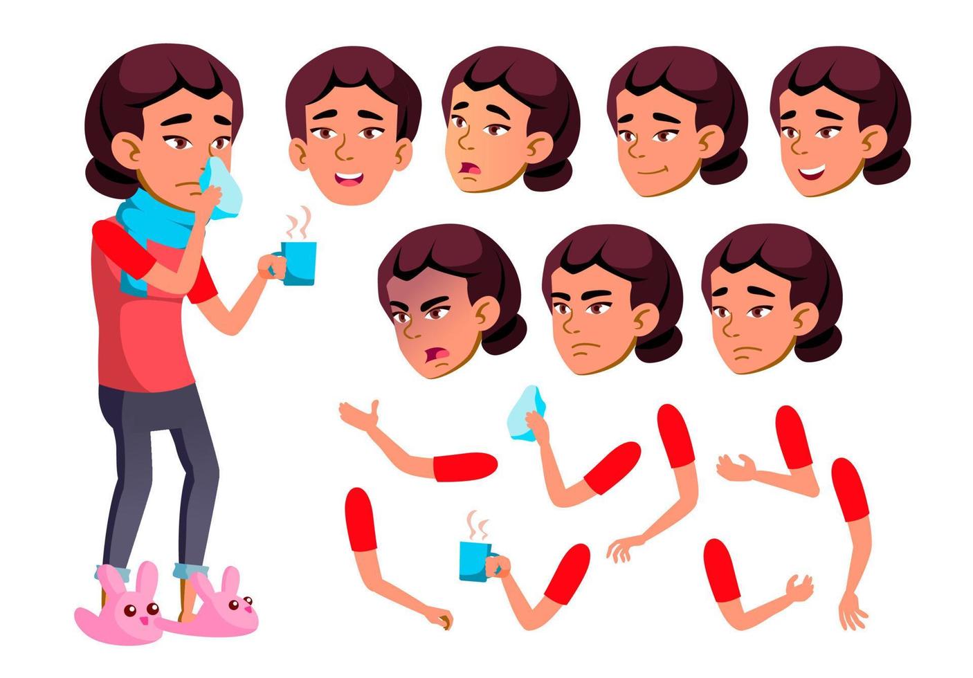 Asian Teen Girl Vector. Teenager. Sick, Cough. Runy Nose. Health. Face Emotions, Various Gestures. Animation Creation Set. Isolated Flat Cartoon Character Illustration vector