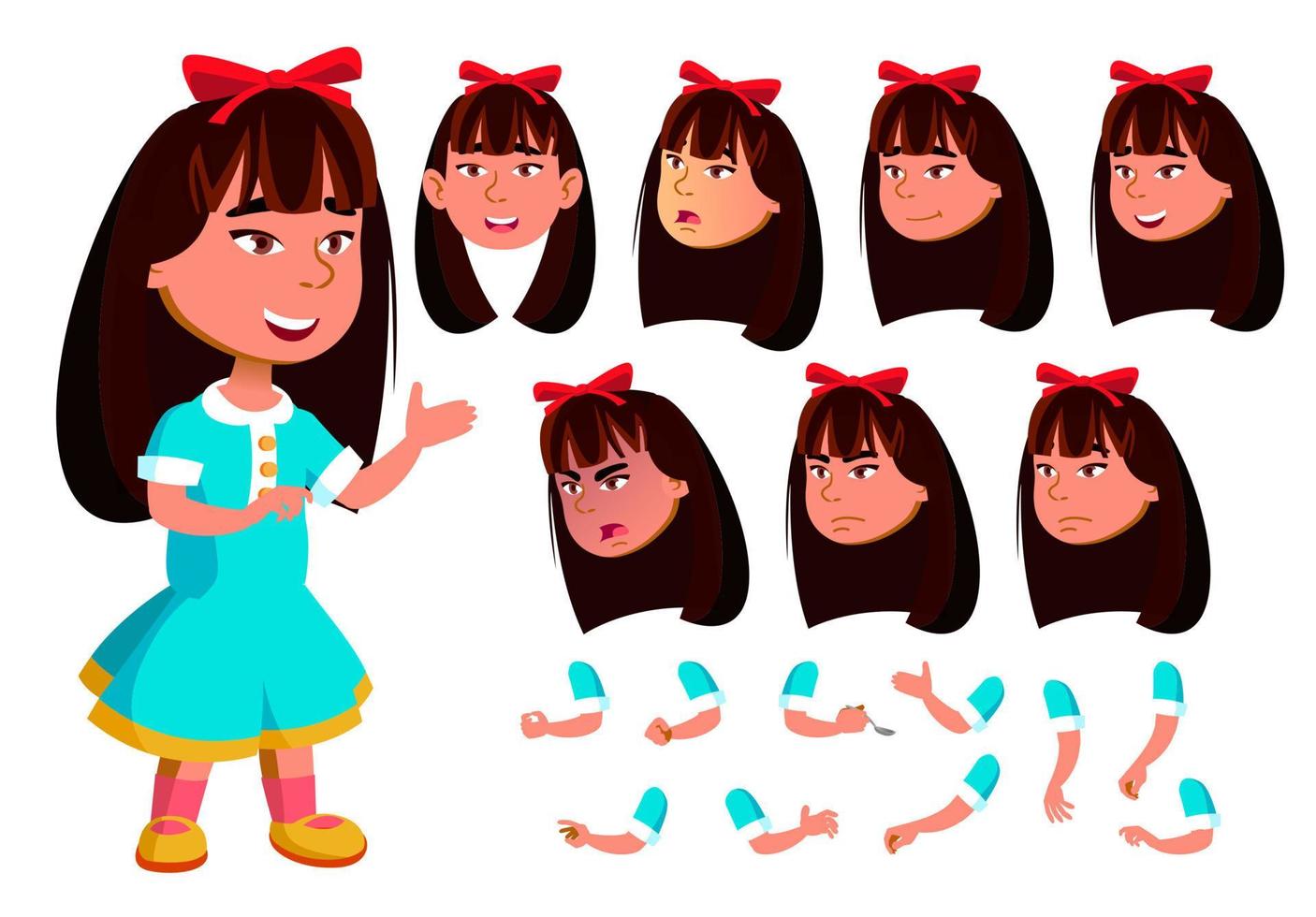 Asian Girl, Child, Kid Vector. Face Emotions, Various Gestures. Animation Creation Set. Isolated Flat Cartoon Character Illustration vector