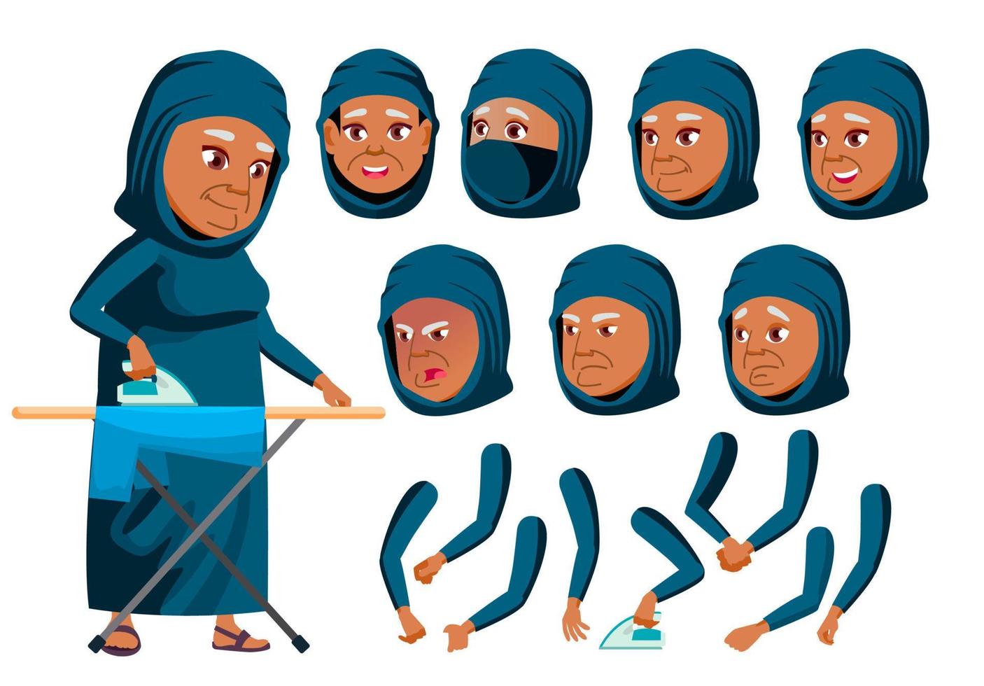 Arab, Muslim Old Woman Vector. Senior Person. Aged, Elderly People. Active, Expression. Face Emotions, Various Gestures. Animation Creation Set. Isolated Flat Cartoon Character Illustration vector