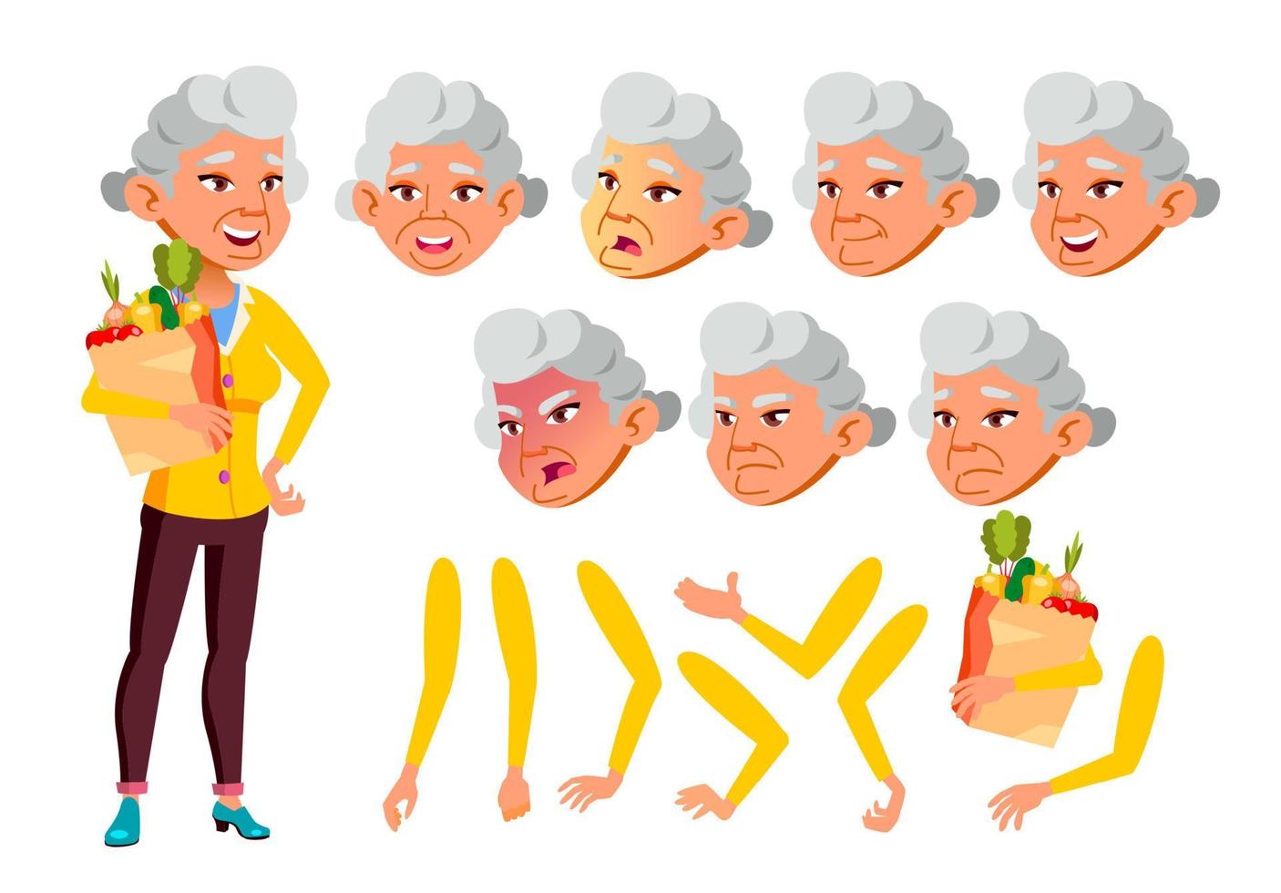 vector de anciana asiática. persona mayor ancianos, ancianos. actividad, hermoso. enfrentar emociones, varios gestos. conjunto de creación de animación. ilustración de personaje de dibujos animados plano aislado