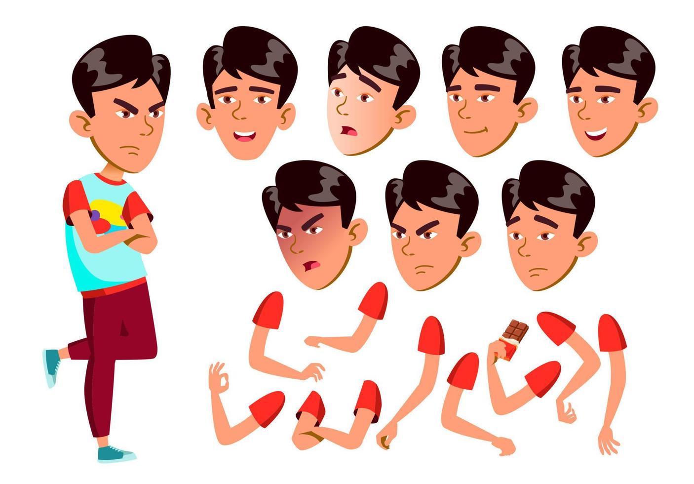 Asian AsianTeen Boy Vector. Teenager. Face. Children. Face Emotions, Various Gestures. Animation Creation Set. Isolated Flat Cartoon Character Illustration vector