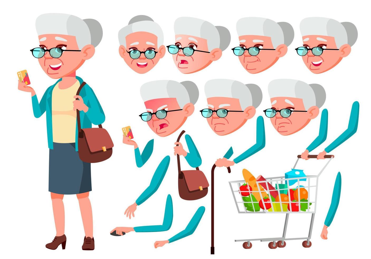Old Woman Vector. Senior Person. Aged, Elderly People. Positive Person. Face Emotions, Various Gestures. Animation Creation Set. Isolated Flat Cartoon Character Illustration vector