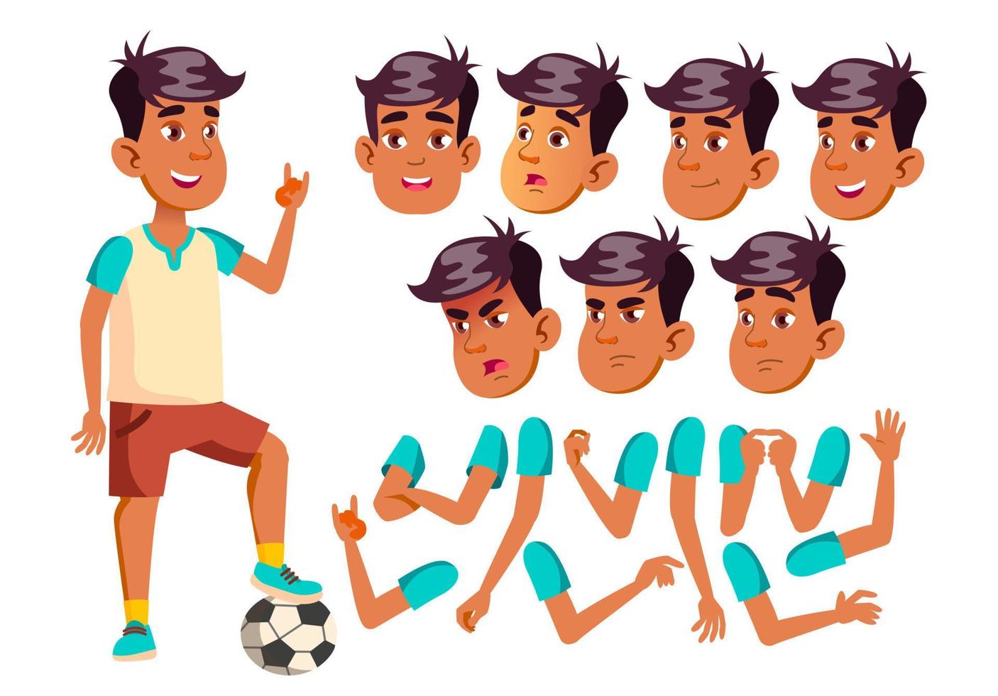 Arab, Muslim Teen Boy Vector. Teenager. Caucasian, Positive. Face Emotions, Various Gestures. Animation Creation Set. Isolated Flat Cartoon Character Illustration vector