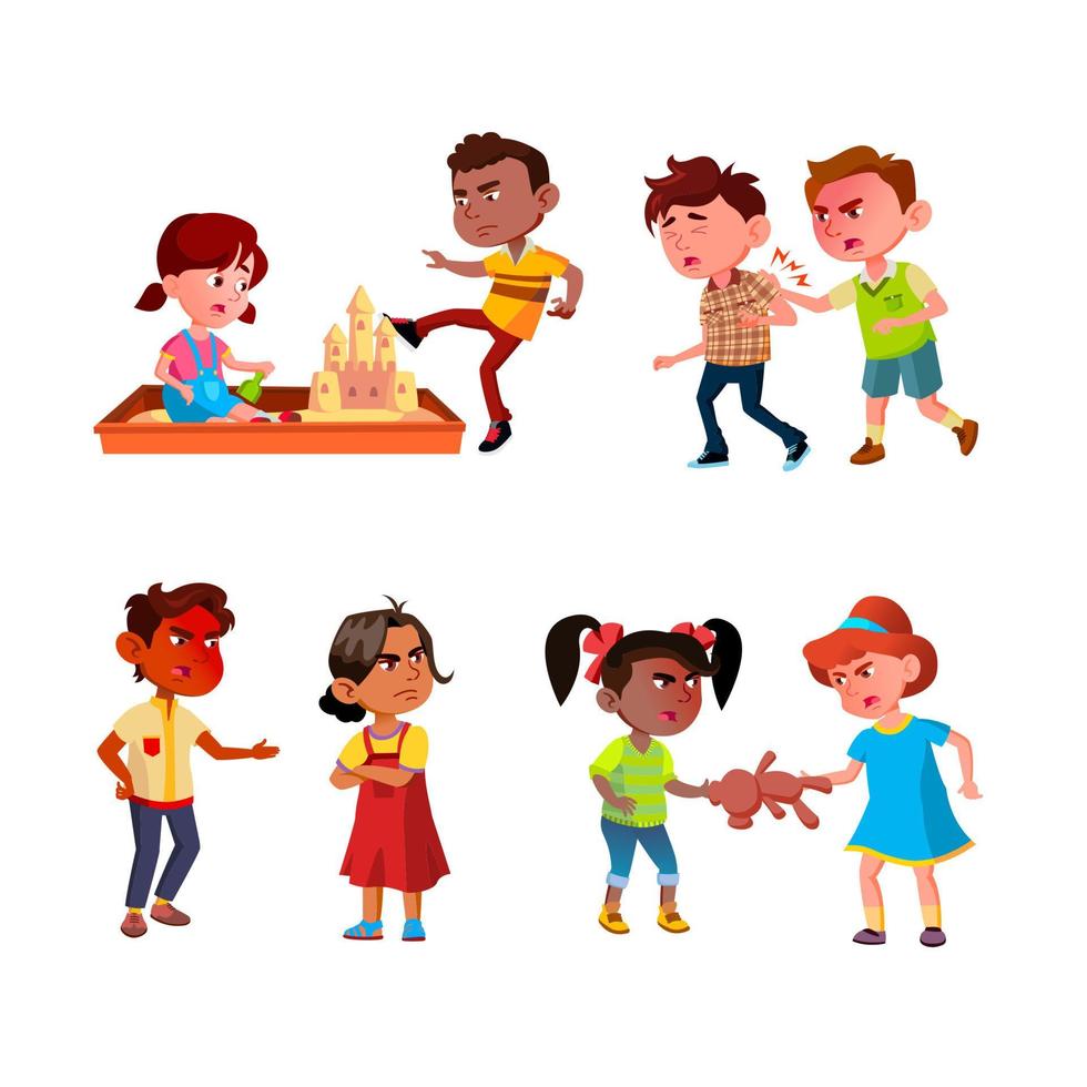 Kids Aggression Fighting And Bullying Set Vector