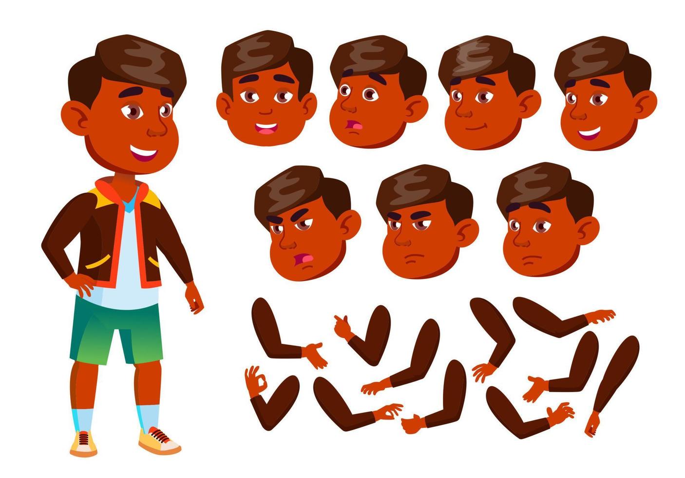 Indian Boy, Child, Kid, Teen Vector. Cheerful Pupil. Face Emotions, Various Gestures. Animation Creation Set. Isolated Flat Cartoon Character Illustration vector