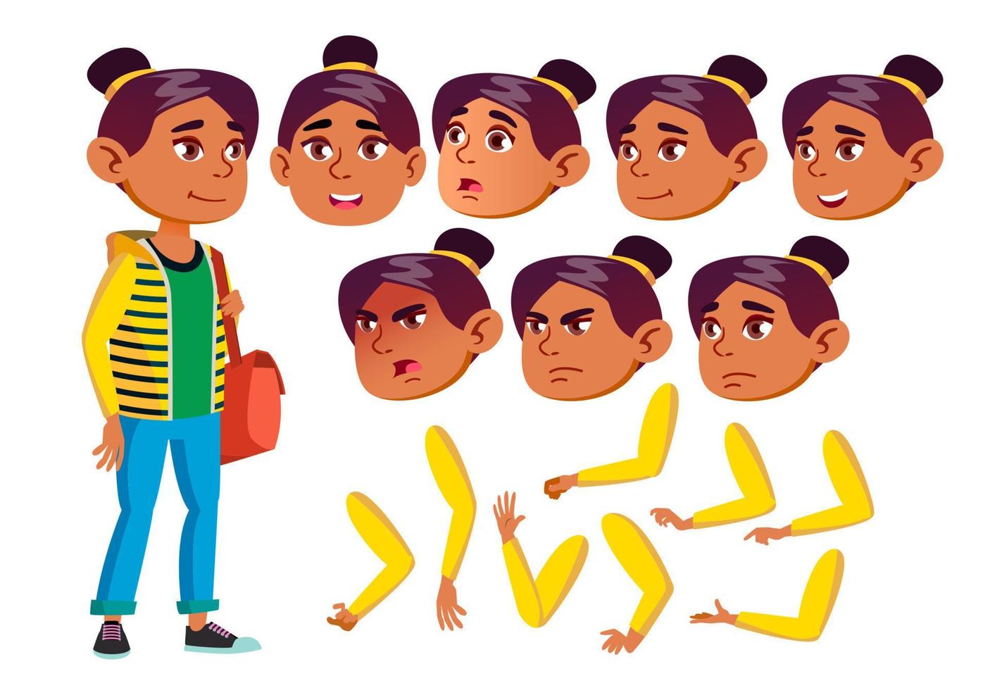 Arab, Muslim Teen Girl Vector. Teenager. Positive Person. Face Emotions, Various Gestures. Animation Creation Set. Isolated Flat Cartoon Character Illustration vector
