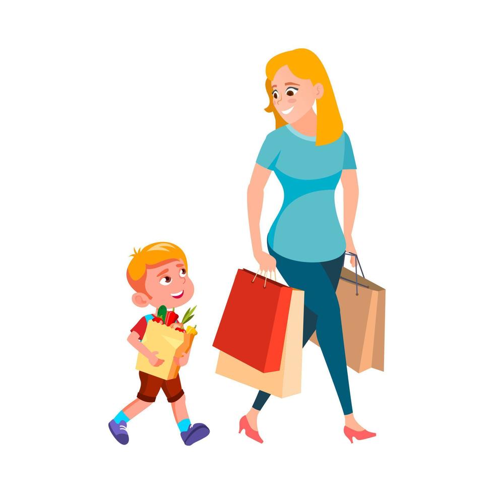 Boy Child Help Woman Carrying Shopping Bag Vector