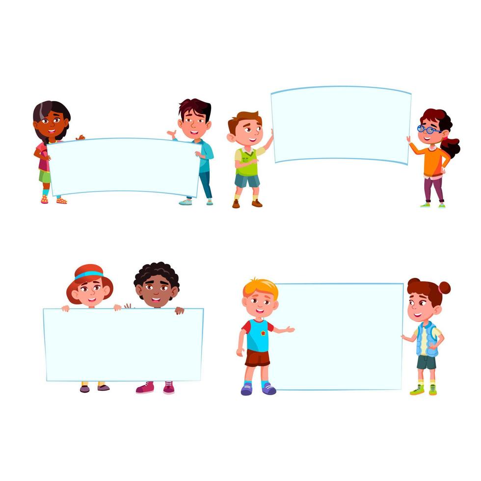 Kids Boys And Girls With Blank Banners Set Vector