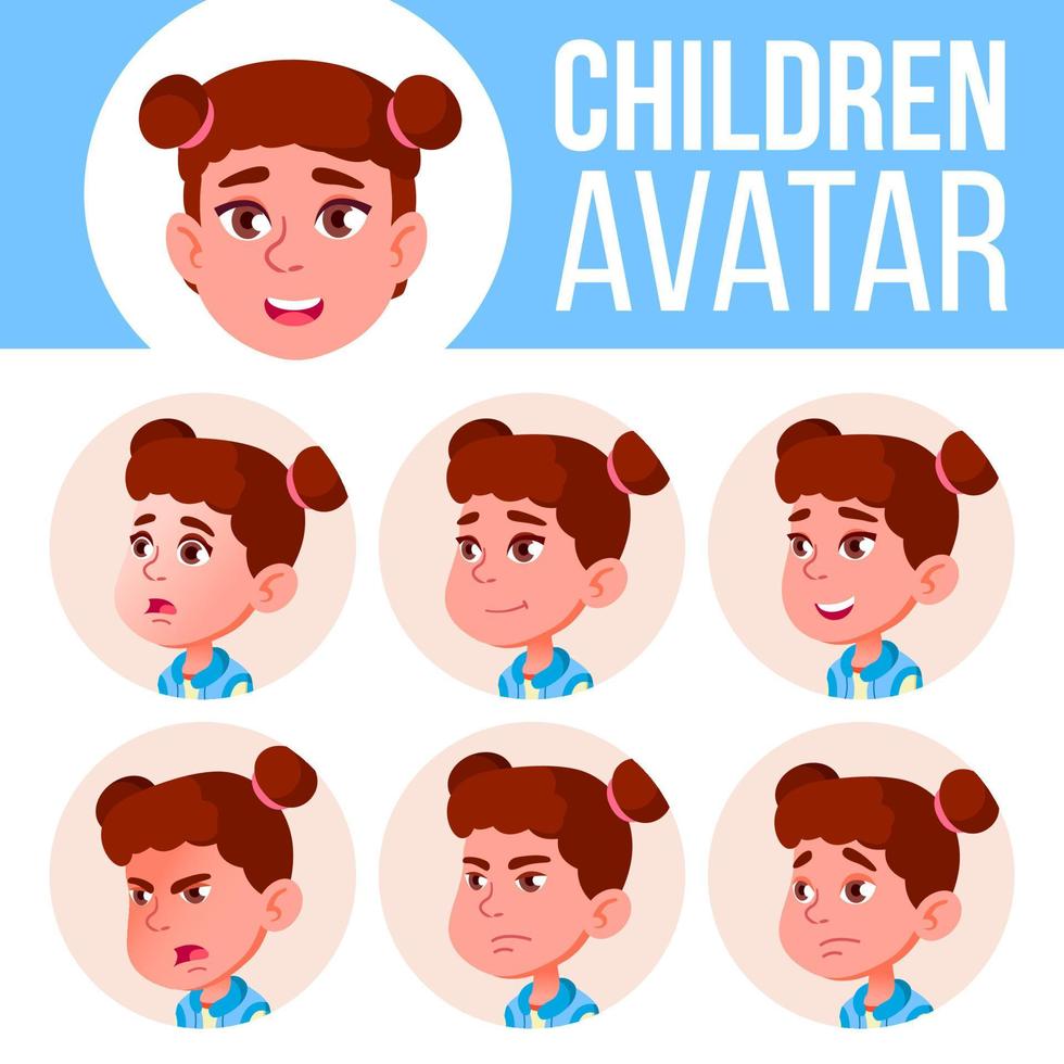 Girl Avatar Set Kid Vector. Primary School. Face Emotions. Children, Young People. Childish, Happiness Enjoyment. Cartoon Head Illustration vector