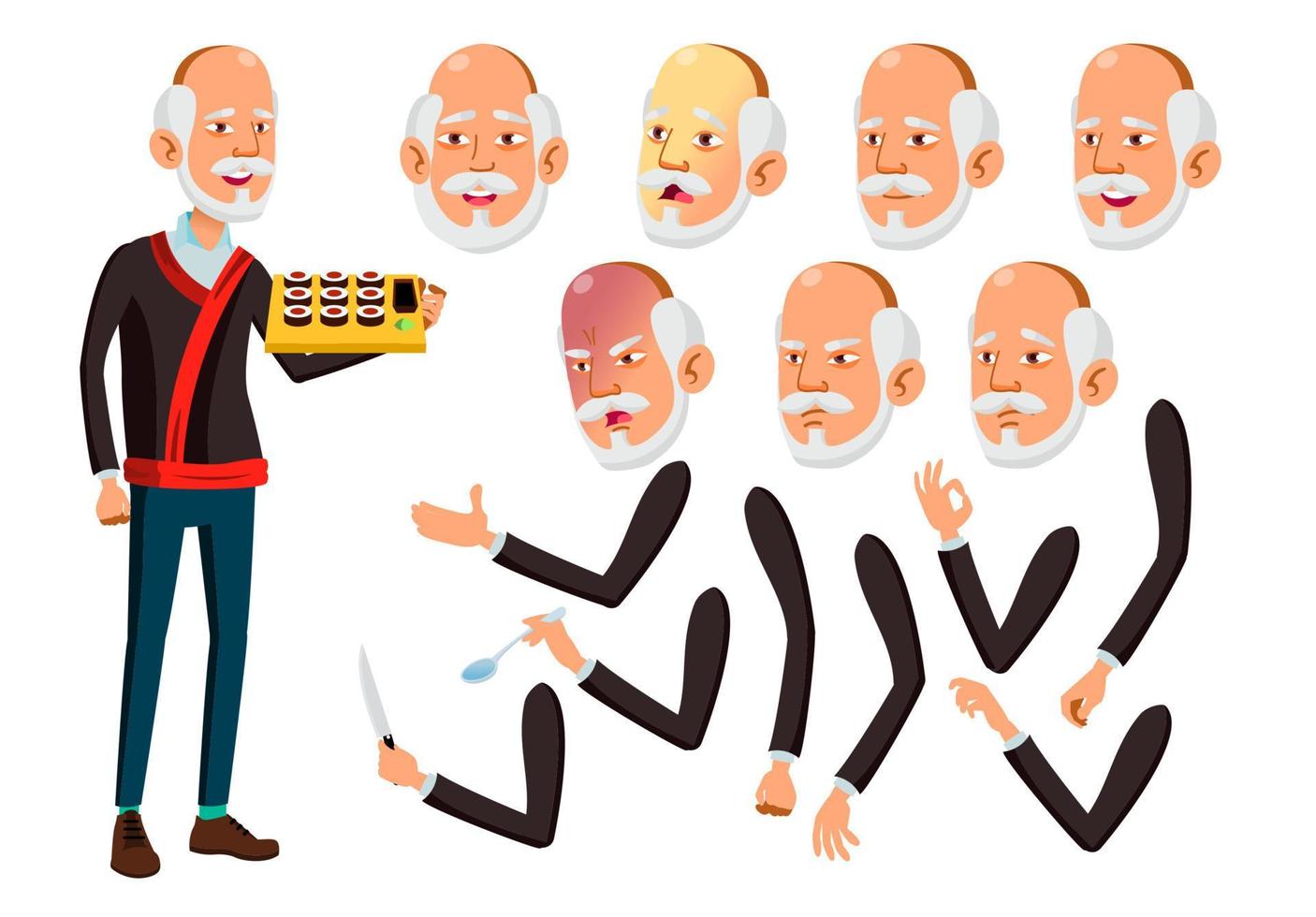 Asian Old Man Vector. Senior Person. Aged, Elderly People. Funny, Friendship. Face Emotions, Various Gestures. Animation Creation Set. Isolated Flat Cartoon Character Illustration vector
