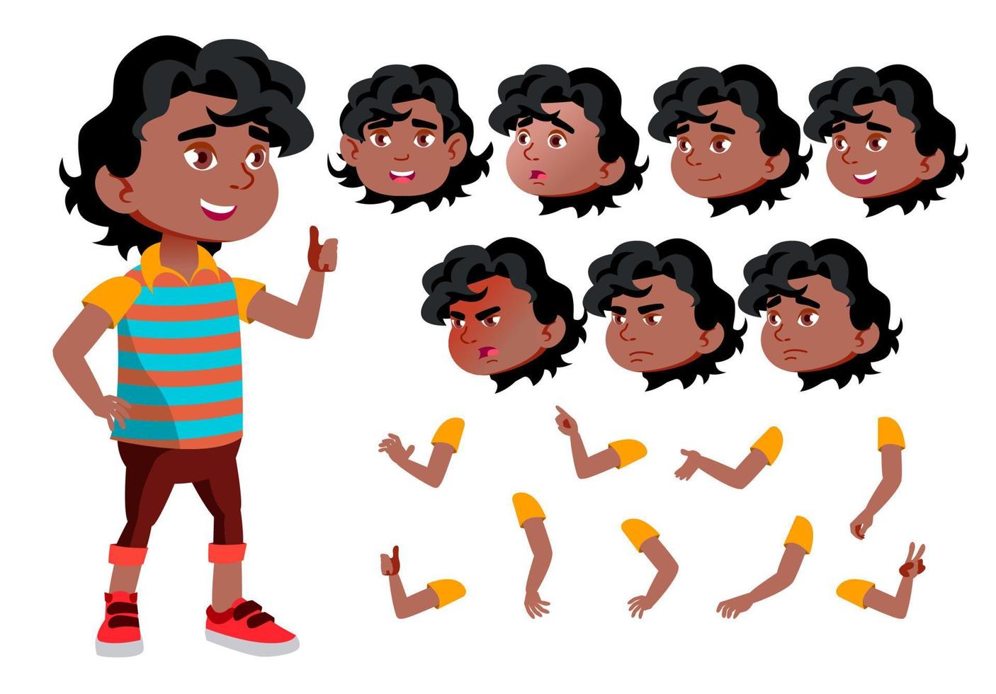 negro, niño afroamericano, niño, niño, vector adolescente. amigo. inteligente persona positiva. enfrentar emociones, varios gestos. conjunto de creación de animación. ilustración de personaje de dibujos animados plano aislado