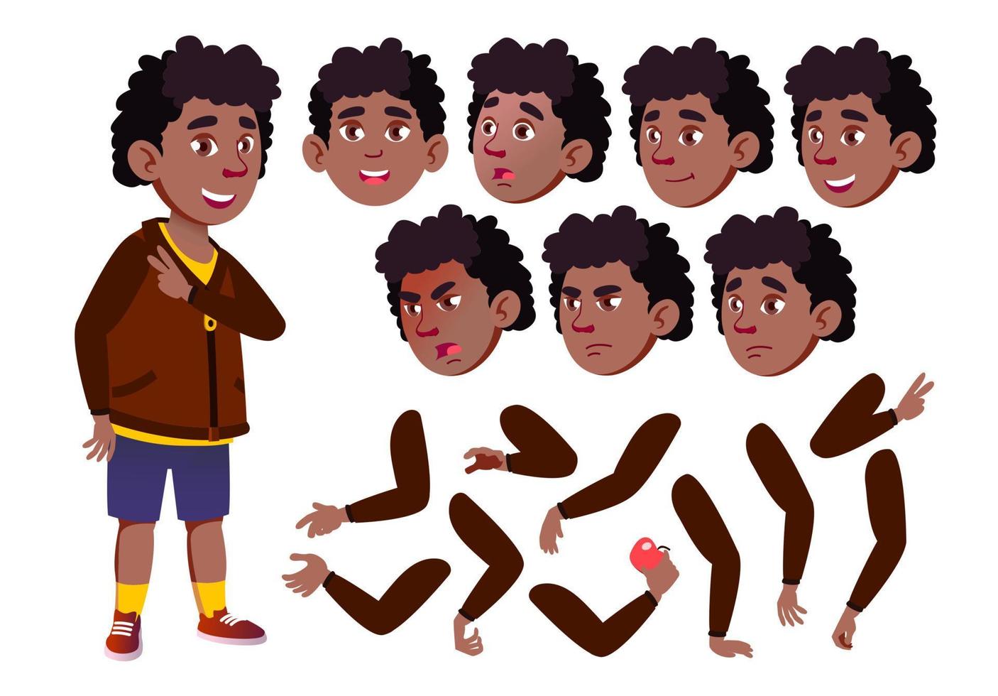 Teen Boy Vector. Teenager. Black. Afro American. Pretty, Youth. Face Emotions, Various Gestures. Animation Creation Set. Isolated Flat Cartoon Character Illustration vector