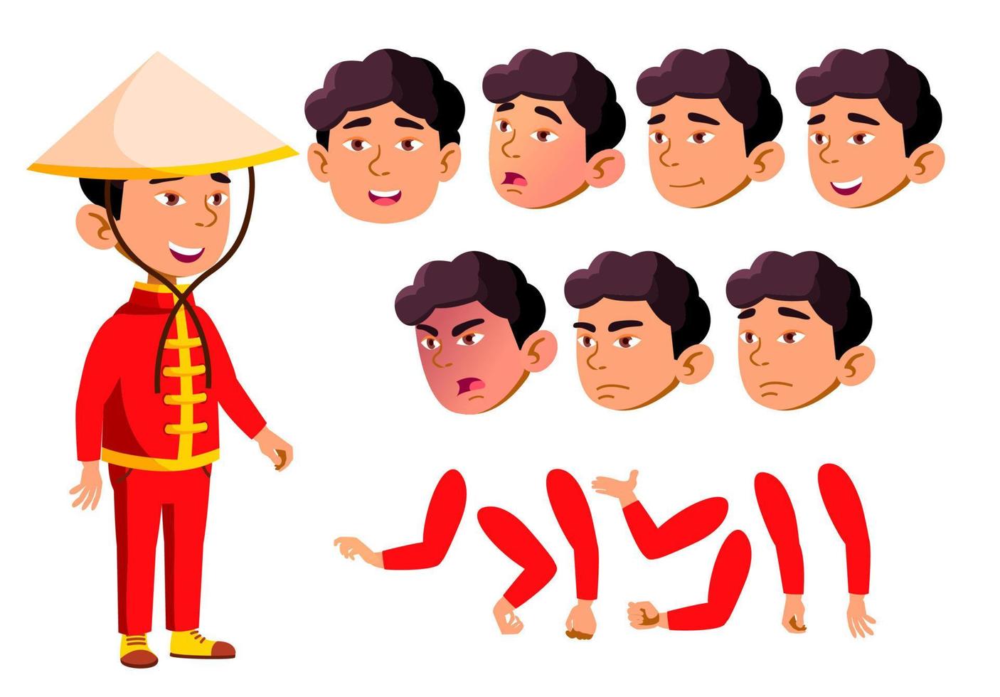 Asian Boy, Child, Kid, Teen Vector. School children, Teen. Face Emotions, Various Gestures. Animation Creation Set. Isolated Character Illustration vector