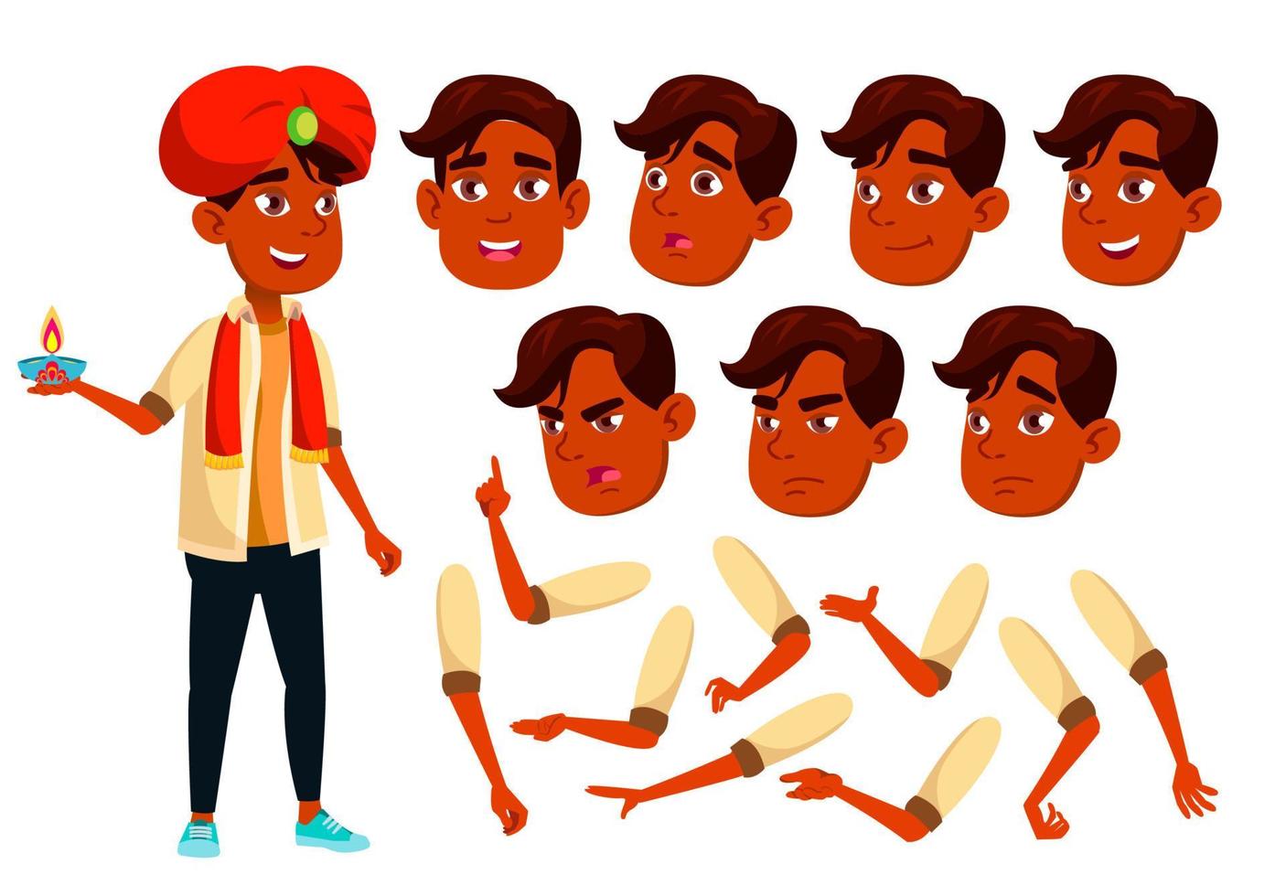 Indian Teen Boy Vector. Teenager. Friends, Life. Face Emotions, Various Gestures. Animation Creation Set. Isolated Flat Cartoon Character Illustration vector
