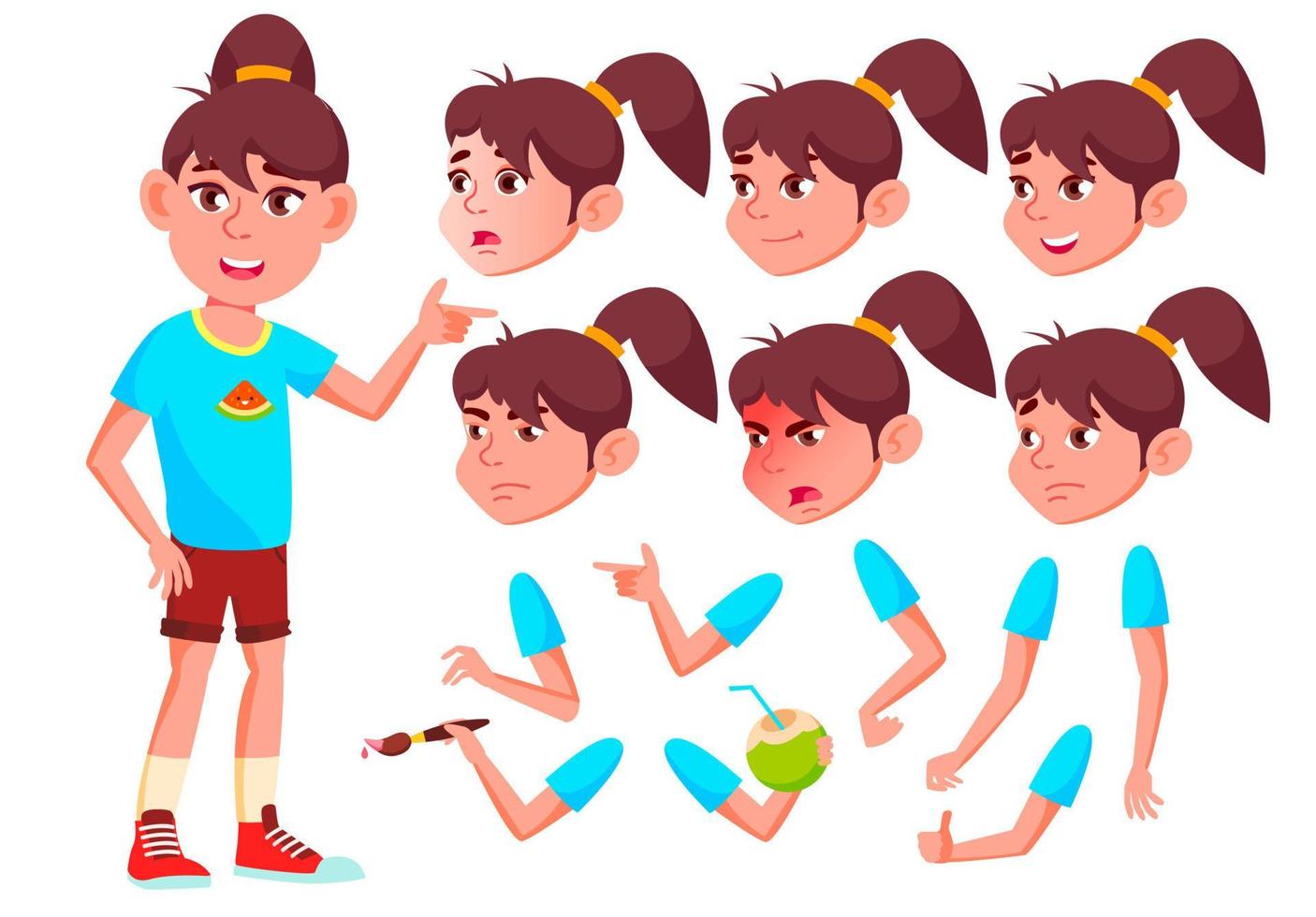 Girl, Child, Kid, Teen Vector. Beautiful. Youth, Caucasian. Face Emotions, Various Gestures. Animation Creation Set. Isolated Flat Cartoon Character Illustration vector