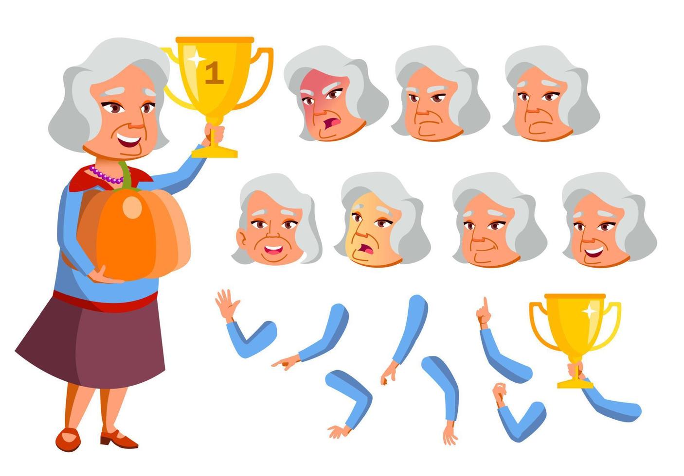 Asian Old Woman Vector. Senior Person. Aged, Elderly People. Funny, Friendship. Face Emotions, Various Gestures. Animation Creation Set. Isolated Flat Cartoon Character Illustration vector