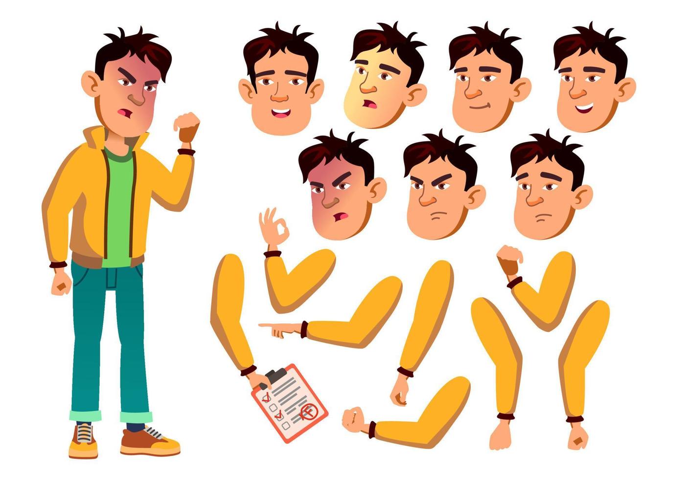 Asian Teen Boy Vector. Teenager. Active, Expression. Face Emotions, Various Gestures. Animation Creation Set. Isolated Flat Cartoon Character Illustration vector