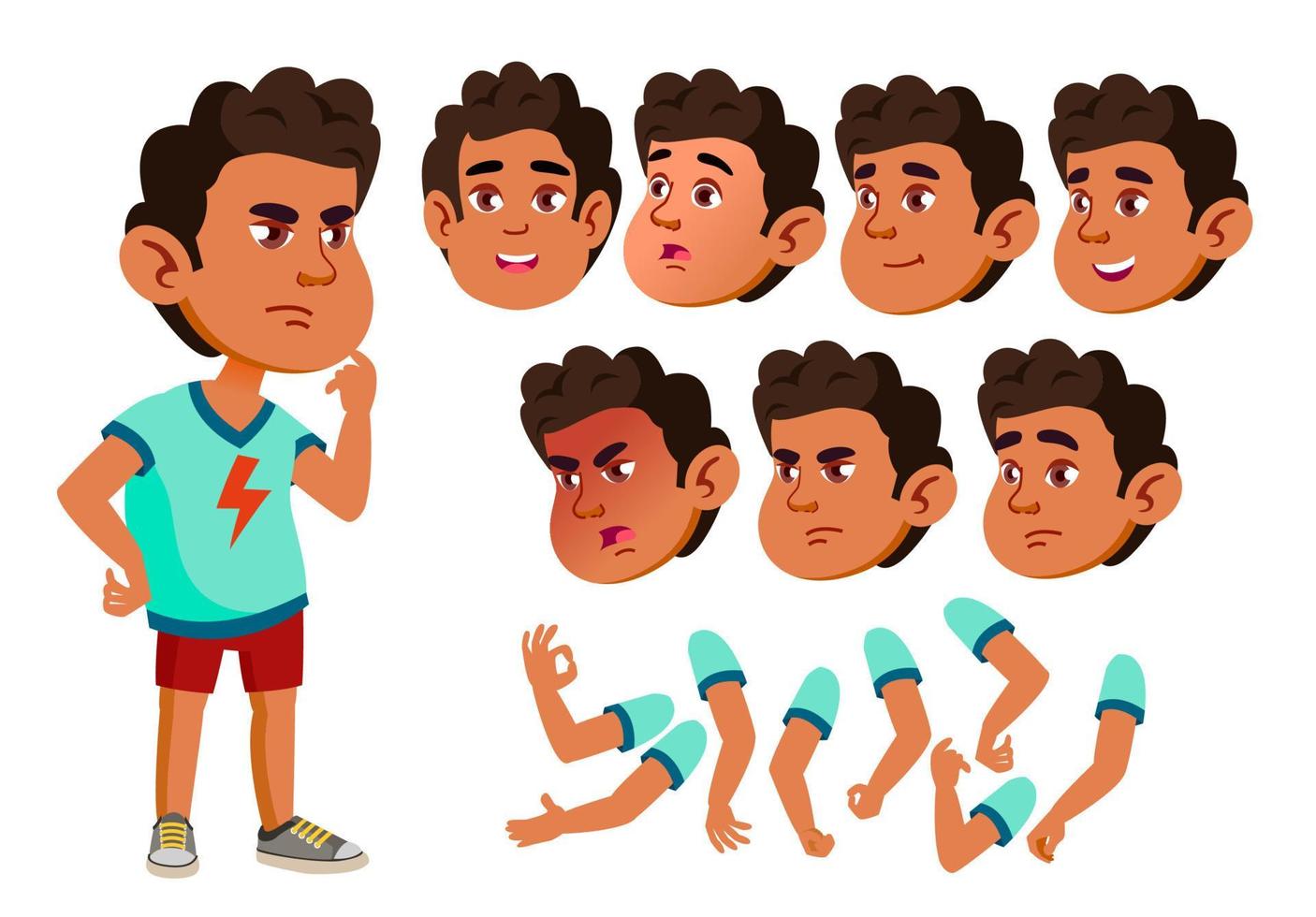 Arab, Muslim Boy, Child, Kid, Teen Vector. Active Cute. Cheer, Pretty. Face Emotions, Various Gestures. Animation Creation Set. Isolated Flat Cartoon Character Illustration vector