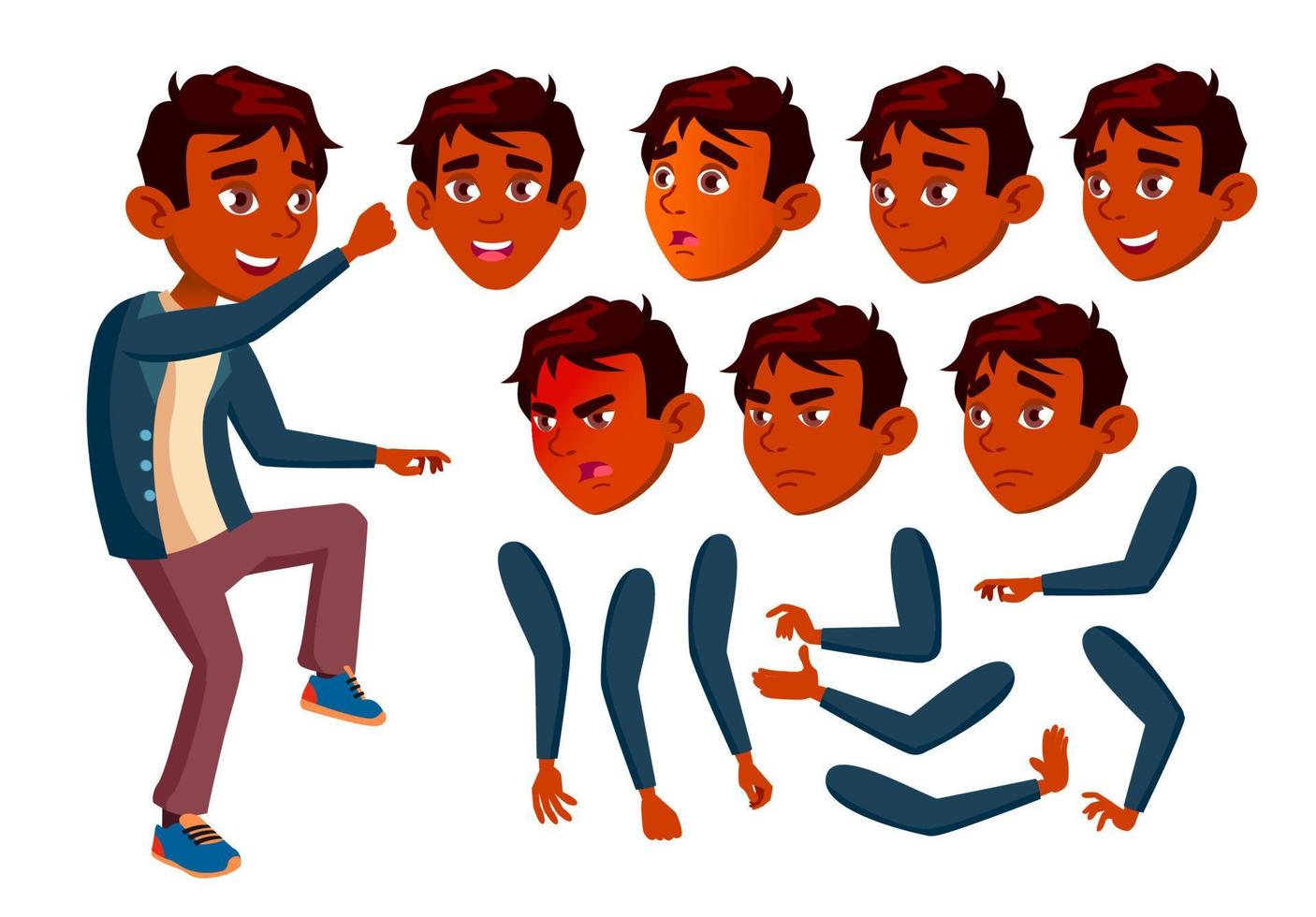 Indian Teen Boy Vector. Teenager. Cute, Comic. Joy. Face Emotions, Various Gestures. Animation Creation Set. Isolated Flat Cartoon Character Illustration vector