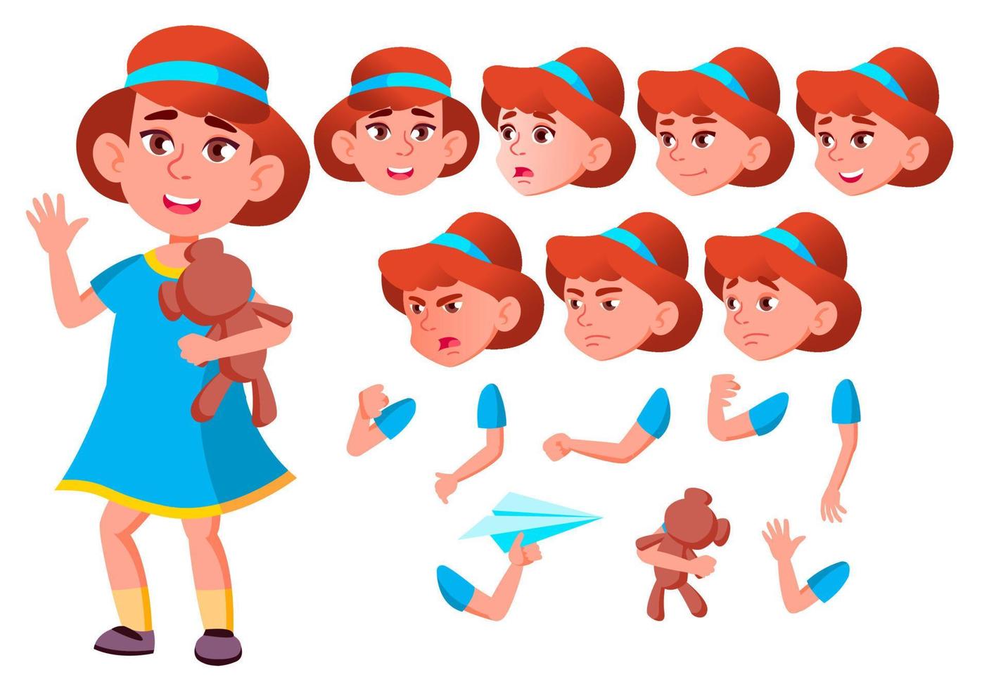 Girl, Child, Kid, Teen Vector. Friend. Clever Positive Person. Face Emotions, Various Gestures. Animation Creation Set. Isolated Flat Cartoon Character Illustration vector