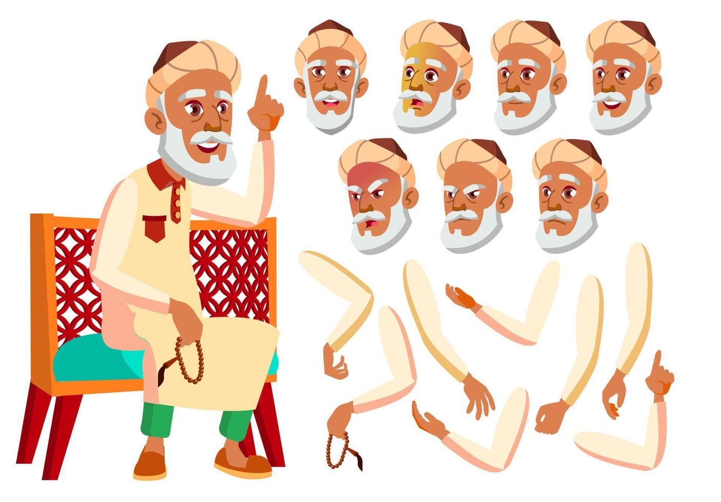 Arab, Muslim Old Man Vector. Senior. Aged, Elderly People. Positive Person. Face Emotions, Various Gestures. Illustration vector