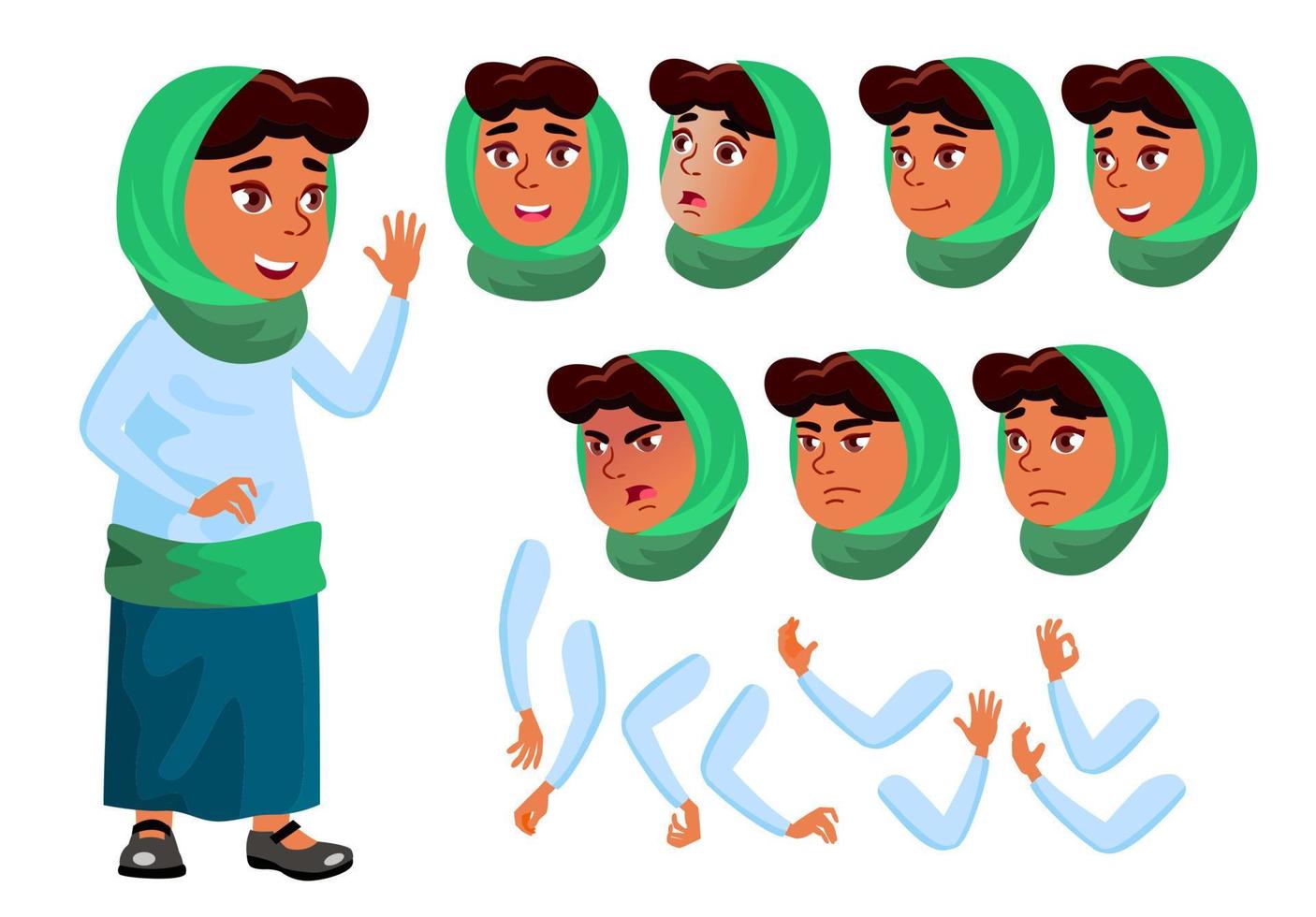 Arab, Muslim Teen Girl Vector. Teenager. Positive Person. Face. Children. Face Emotions, Various Gestures. Animation Creation Set. Isolated Flat Cartoon Character Illustration vector