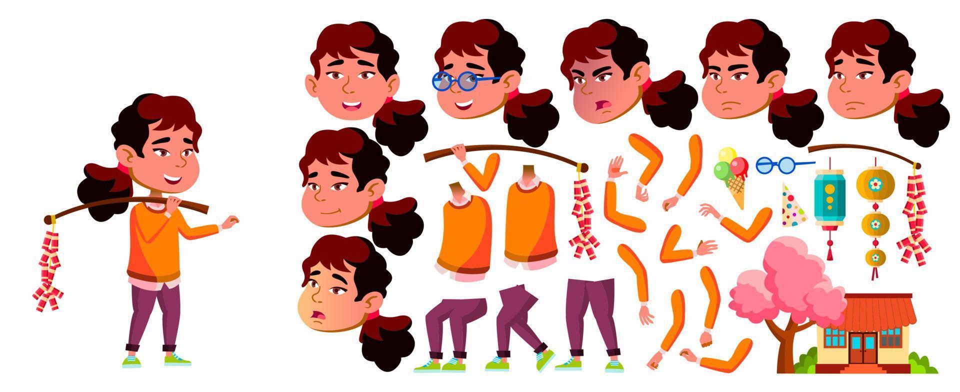 Asian Girl Kindergarten Kid Vector. Animation Creation Set. Face Emotions, Gestures. Preschooler Playing. Friendship. For Advertising, Placard, Print Design. Animated. Isolated Cartoon Illustration vector