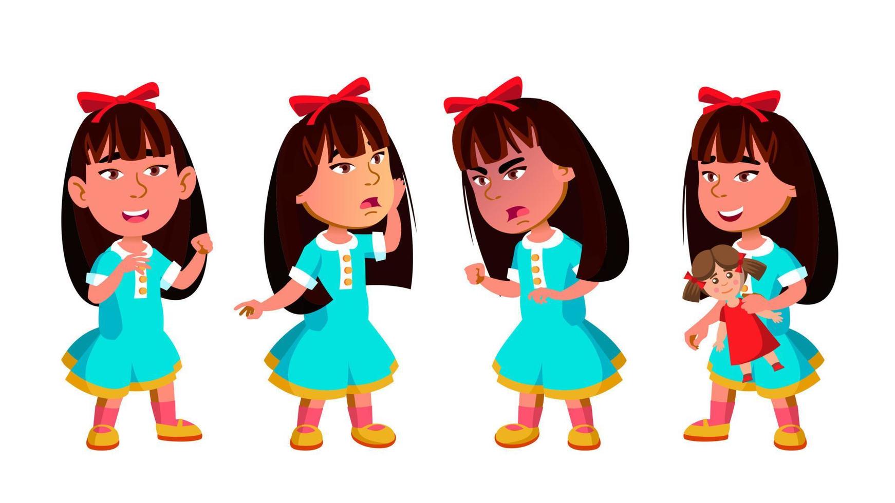 Asian Girl Kindergarten Kid Poses Set Vector. Preschool. Young Positive Person. Beauty. For Banner, Flyer, Brochure Design. Isolated Cartoon Illustration vector