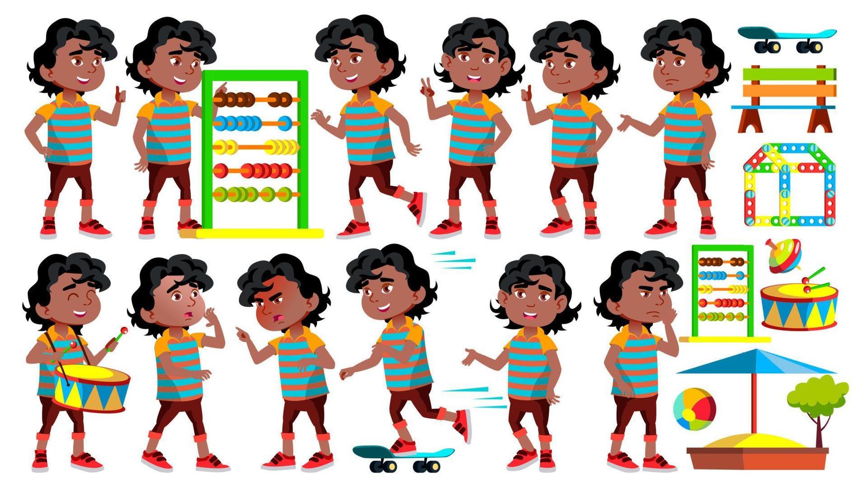Black, Afro American Boy Kindergarten Kid Poses Set Vector. Happy Children Character. Babysitting. For Advertisement, Greeting, Announcement Design. Isolated Cartoon Illustration vector