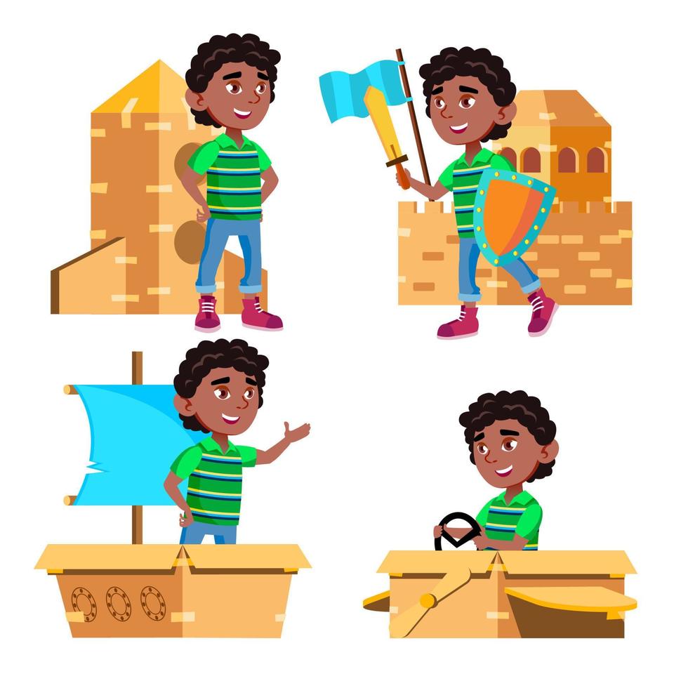 negro, niño afroamericano, niño de jardín de infantes, poses de vector conjunto. juguete de caja de cartón. personaje emocional jugando. patio de recreo. para presentación, invitación, diseño de tarjetas. ilustración de dibujos animados aislados