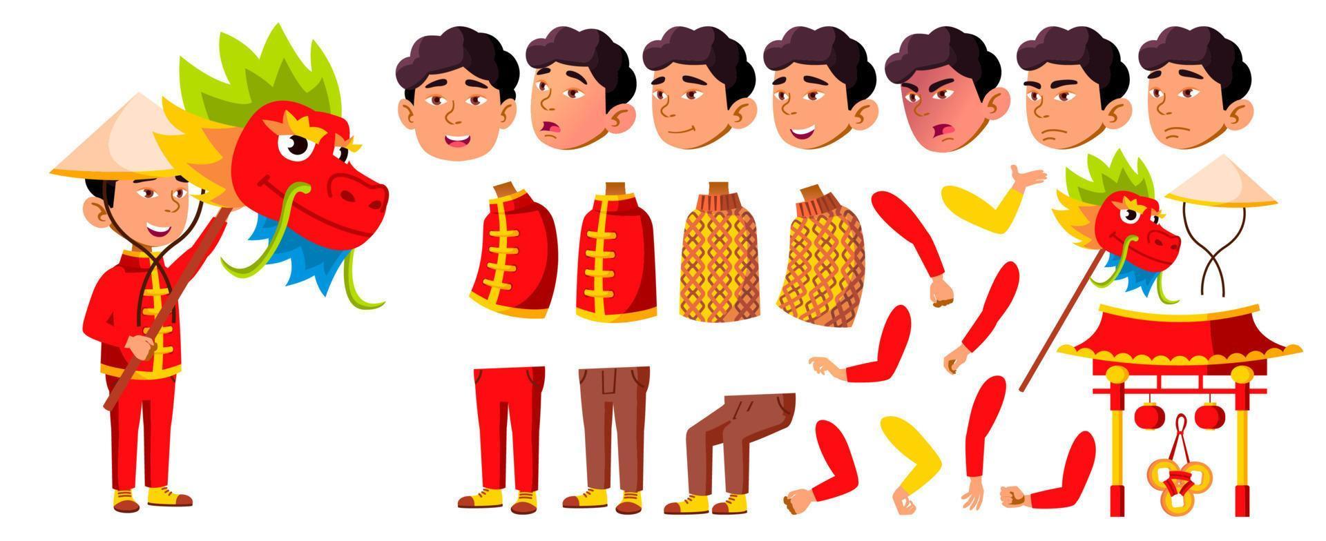 Asian Boy Kindergarten Kid Vector. Animation Creation Set. Face Emotions, Gestures. Dragon, Festival. Traditional. Friend. For Banner, Flyer, Brochure Design. Animated. Isolated Cartoon Illustration vector