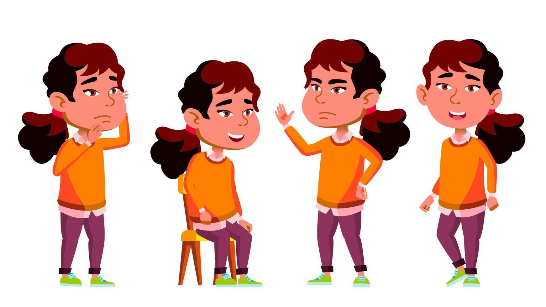 Asian Girl Kindergarten Kid Poses Set Vector. Little Child. Having Fun. Motherhood. For Advertisement, Greeting, Announcement Design. Isolated Cartoon Illustration vector