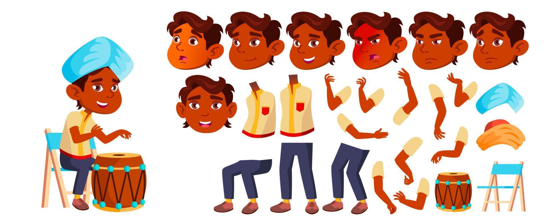 Indian Boy Kindergarten Kid Vector. Animation Creation Set. Face Emotions, Gestures. Happy. Turban, Drum, Performance. Babysitting. For Card, Advertisement Design. Animated. Cartoon Illustratio vector