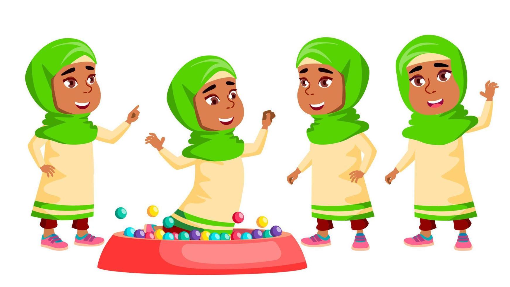 Arab, Muslim Girl Kindergarten Kid Poses Set Vector. Active, Joy Preschooler Playing. For Presentation, Print, Invitation Design. Isolated Cartoon Illustration vector