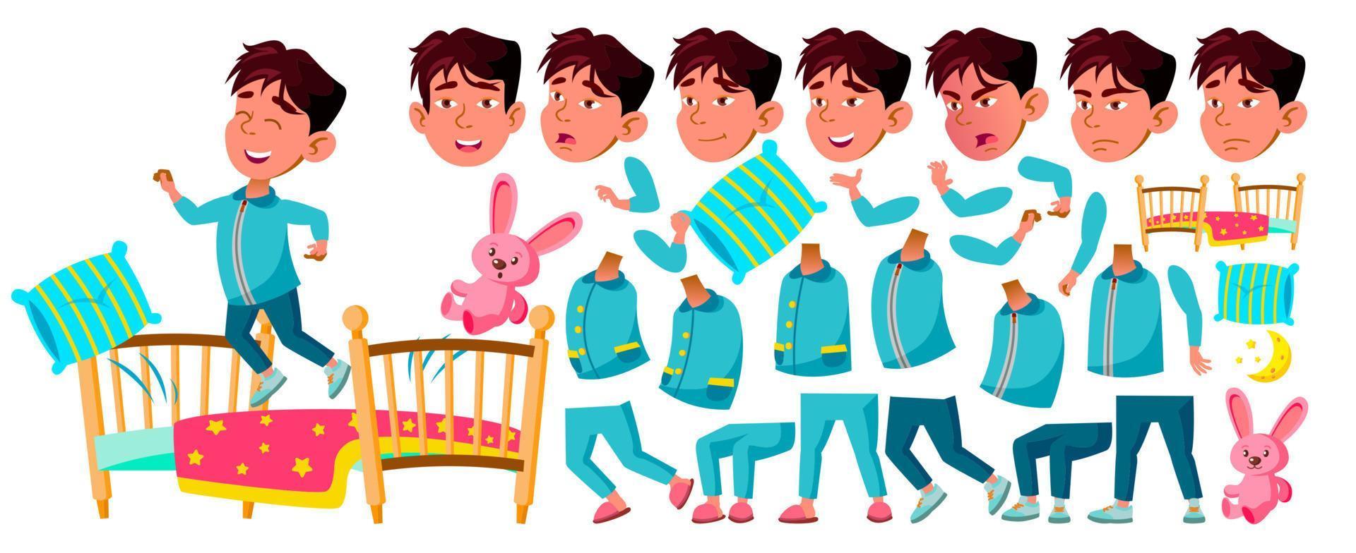 Asian Boy Kindergarten Kid Vector. Animation Creation Set. Sleep, Bedroom. Pillow,Toy. Face Emotions, Gestures. Preschooler Playing. Friendship. For Advertising, Placard Design. Animated. Illustration vector