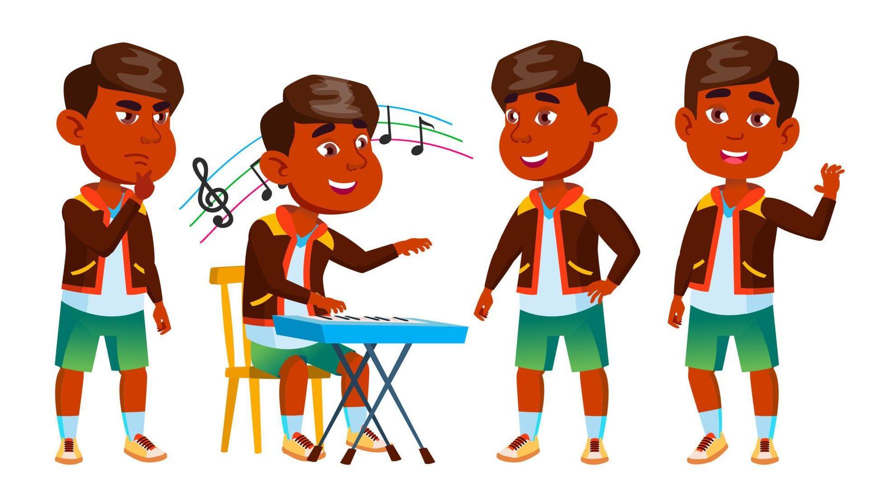Indian Boy Kindergarten Kid Poses Set Vector. Baby Expression. Preschooler. Life. For Postcard, Announcement, Cover Design. Isolated Cartoon Illustration vector