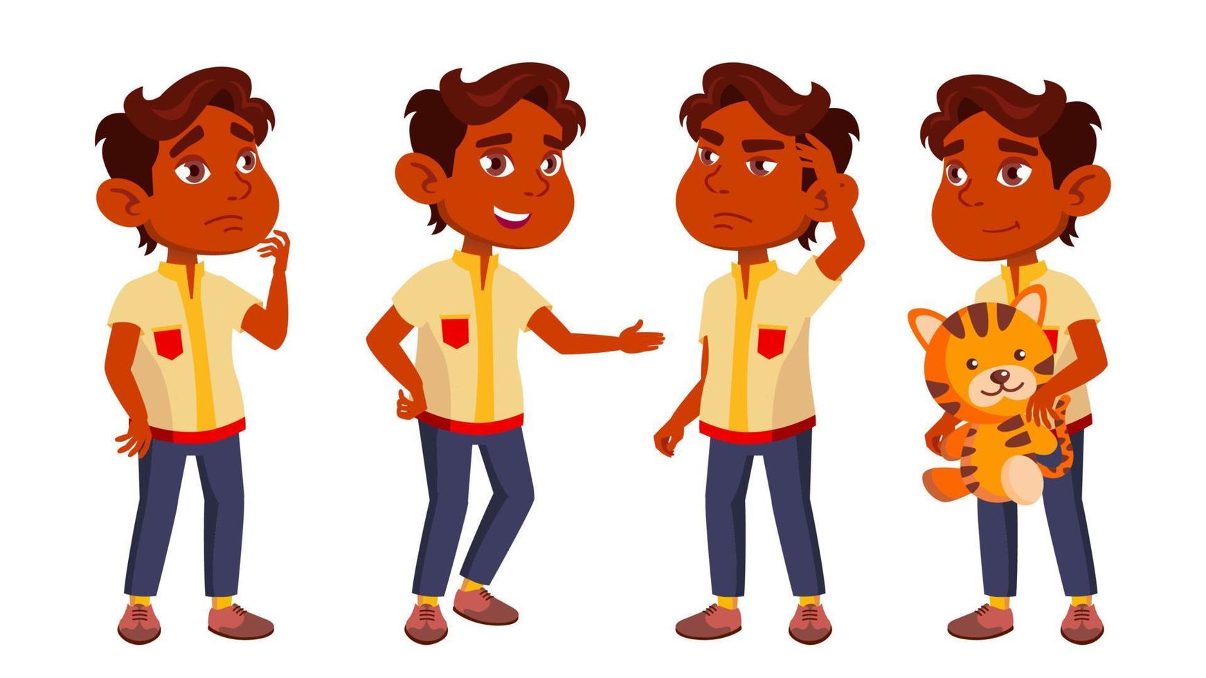 Indian Boy Kindergarten Kid Poses Set Vector. Preschool, Childhood. Friend. For Postcard, Cover, Placard Design. Isolated Cartoon Illustration vector