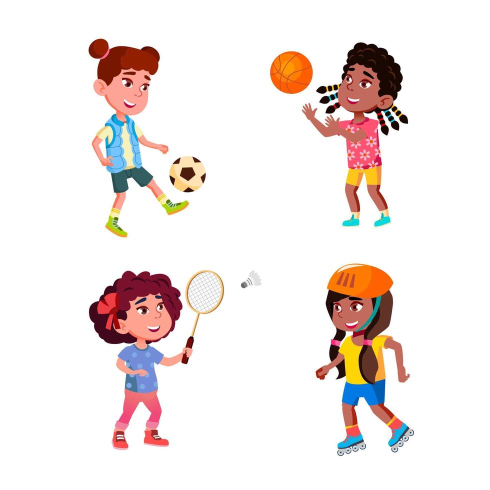 niñas niños jugando juego deportivo set vector