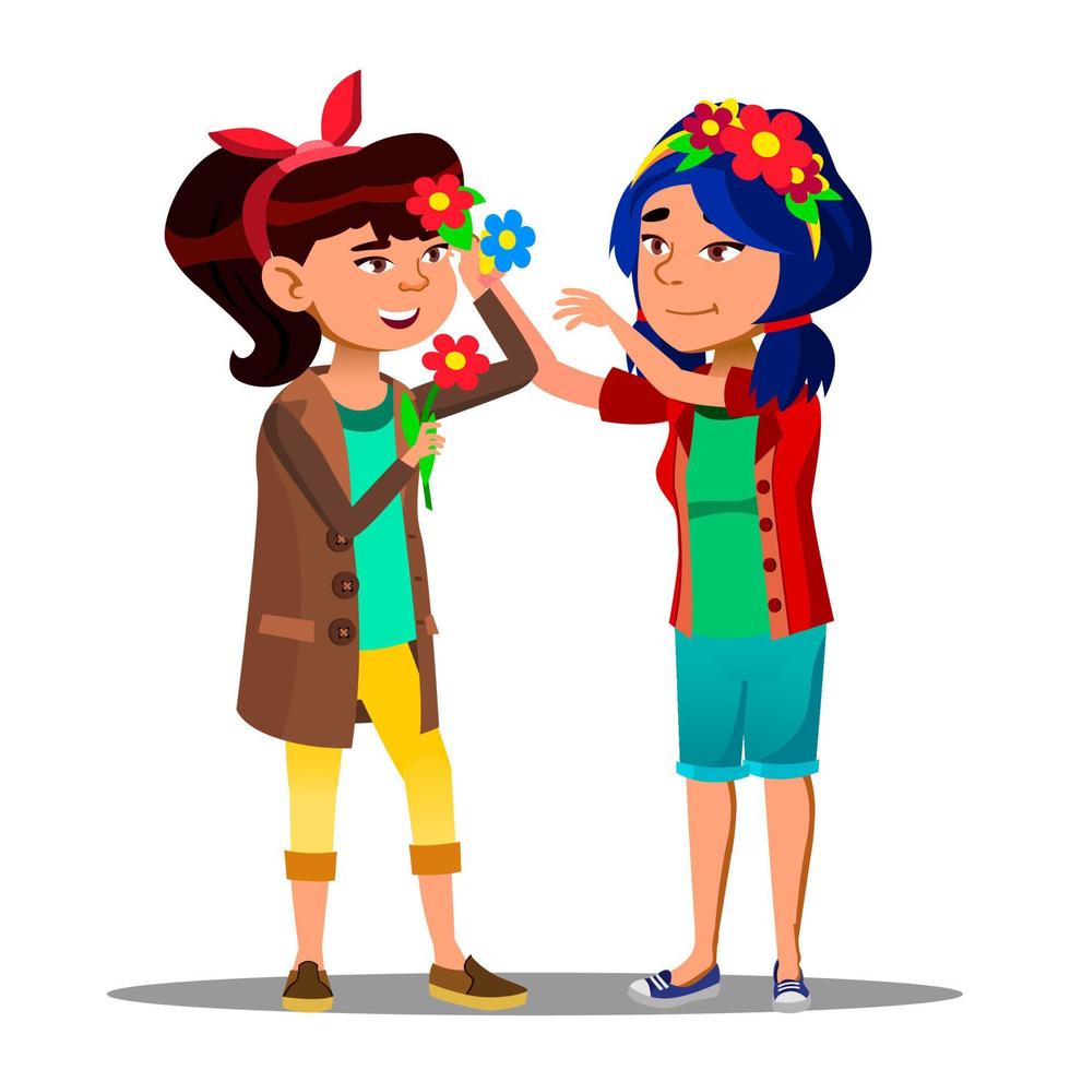 Two Asian Girls Decorate Themselves With Flowers For Festival Of Spring And Flowers Vector. Isolated Illustration vector