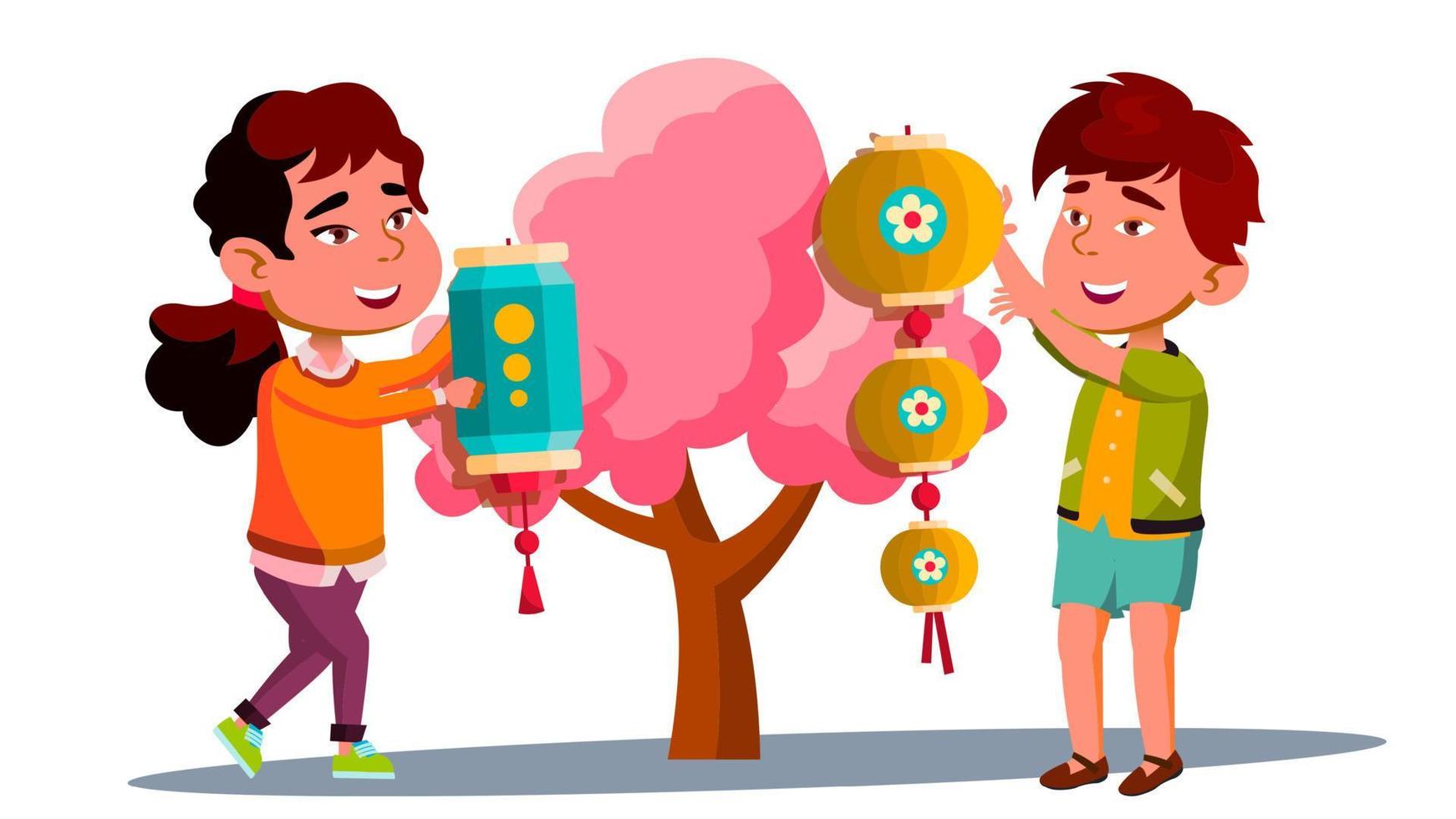 Asian Little Boy And Girl Hanging Chinese Red Lantern On Tree Vector. Isolated Illustration vector