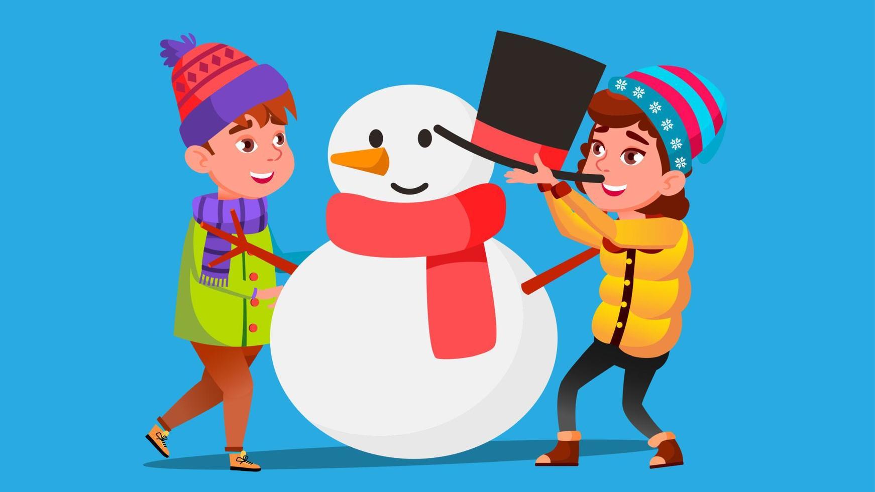 Girl And Boy In Winter Clothes Mold A Big Snowman Vector. Isolated Illustration vector