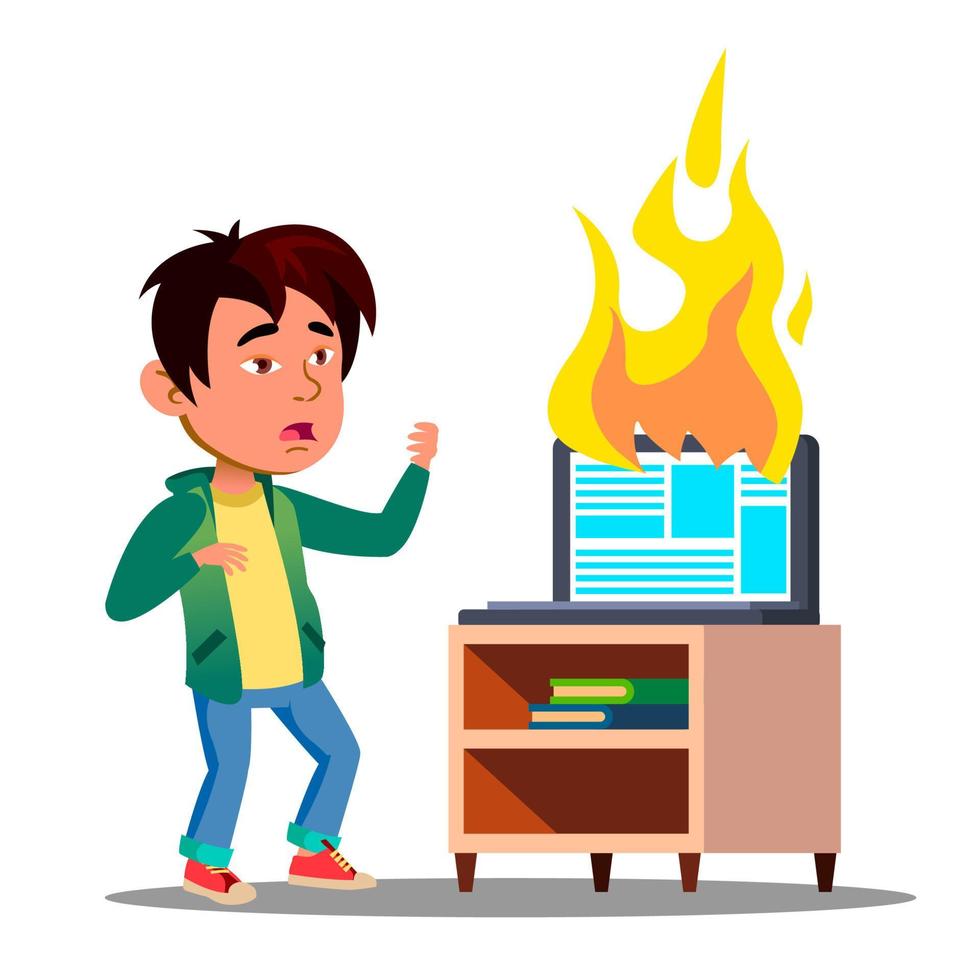 Scared Asian Kid Next To Burst Into Flame Laptop Vector. Isolated Illustration vector