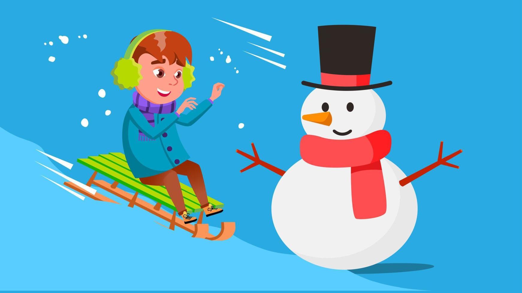 niño rodando cuesta abajo en un trineo y choca contra un vector de muñeco de nieve. ilustración aislada