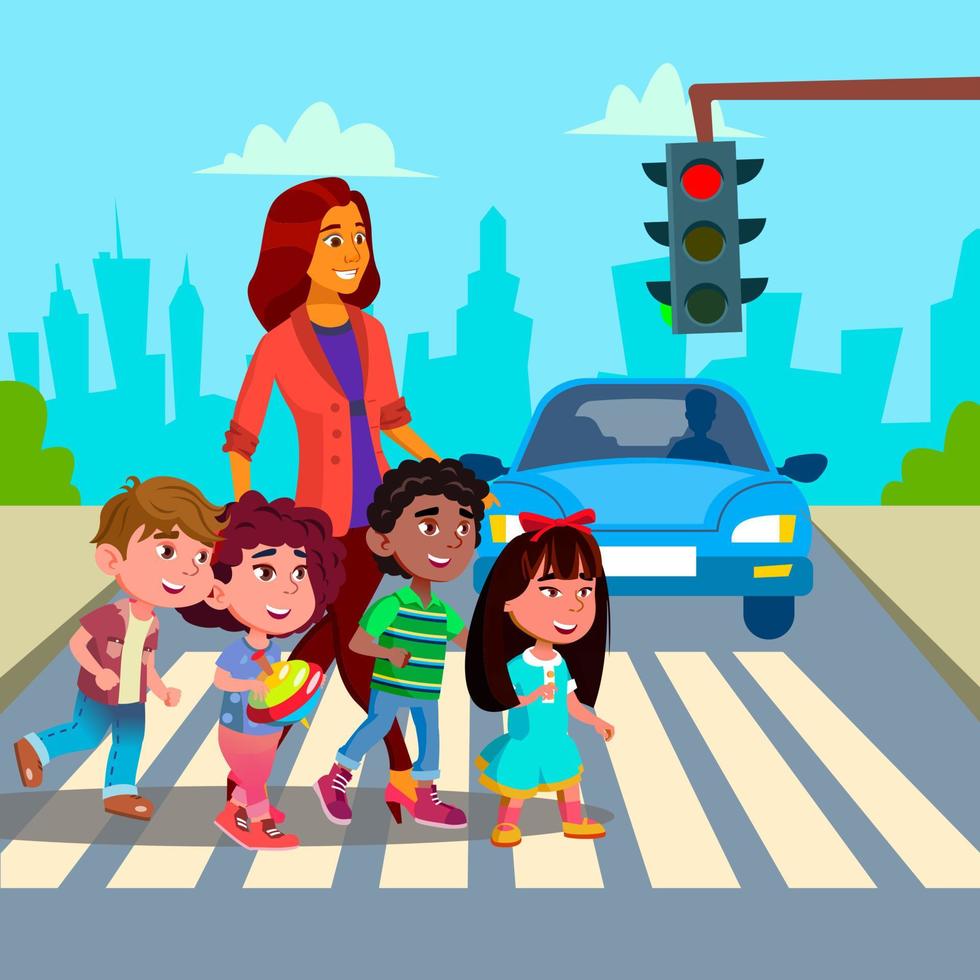 Kindergarten Teacher Transfer Across The Road Little Boys And Girls Vector. Isolated Illustration vector